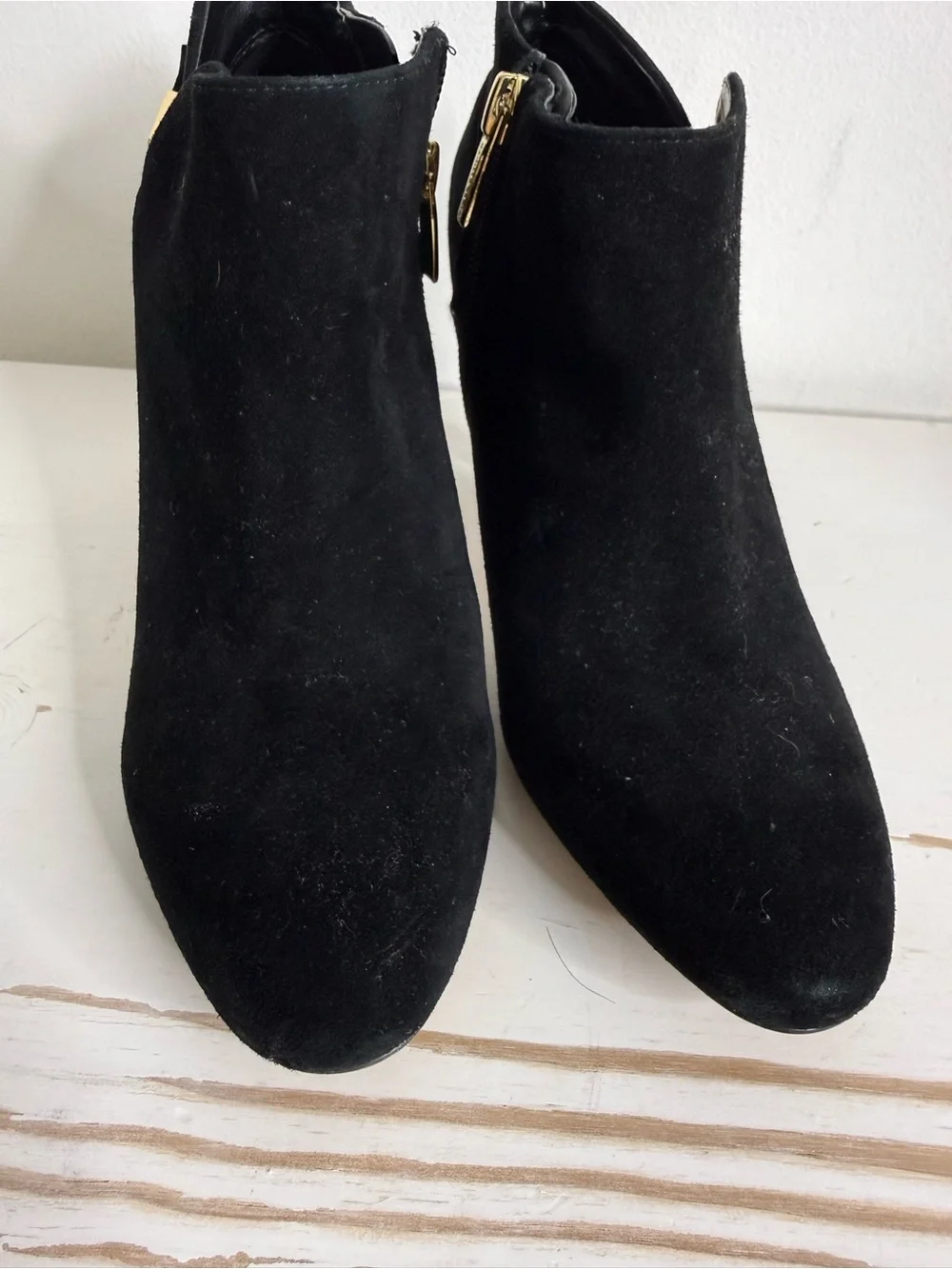 Vince Camuto Black Suede Ankle Booties with Gold Heel Plate